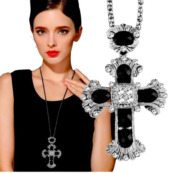 Jewelry - Elegant Vintage Bold Bejeweled Cross Necklace, Christmas Gift, Stocking Stuffer